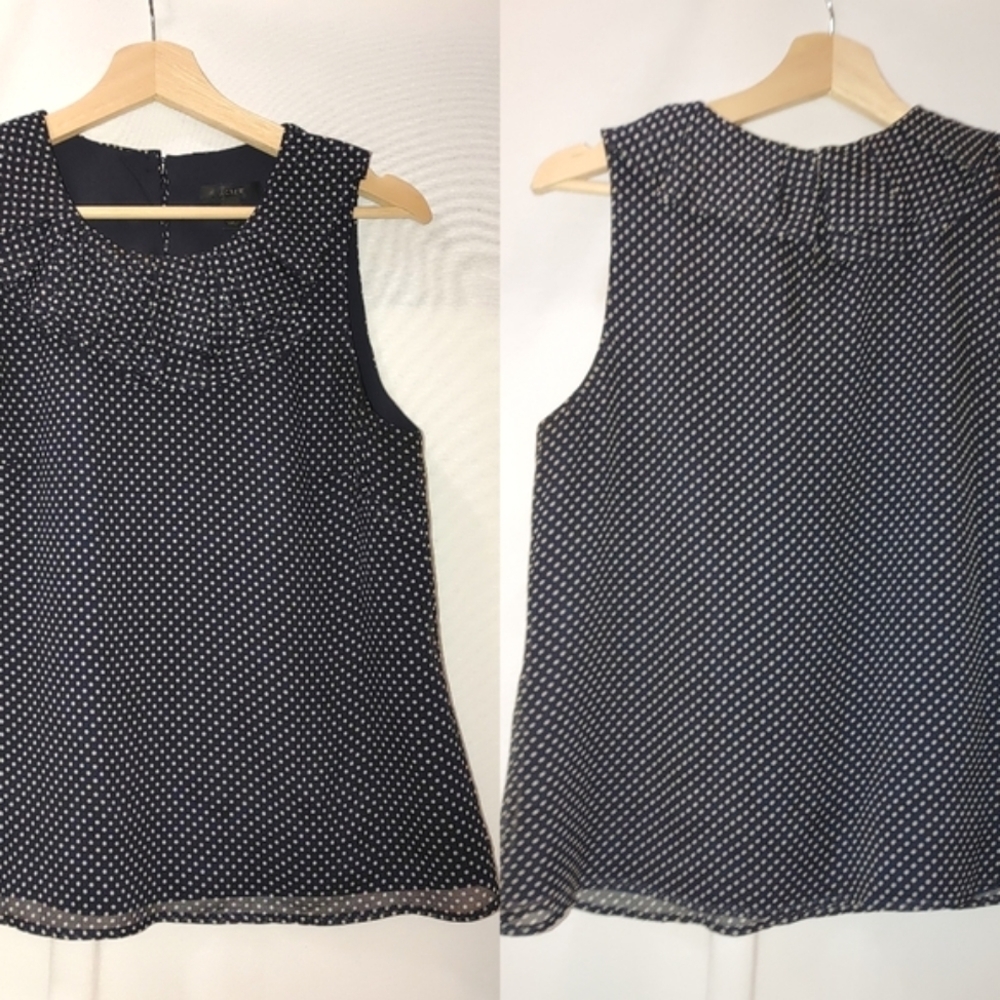 J. Crew Sleeveless Blouse Navy Blue While Polka Dot Silk Overlay Classic Neutral
